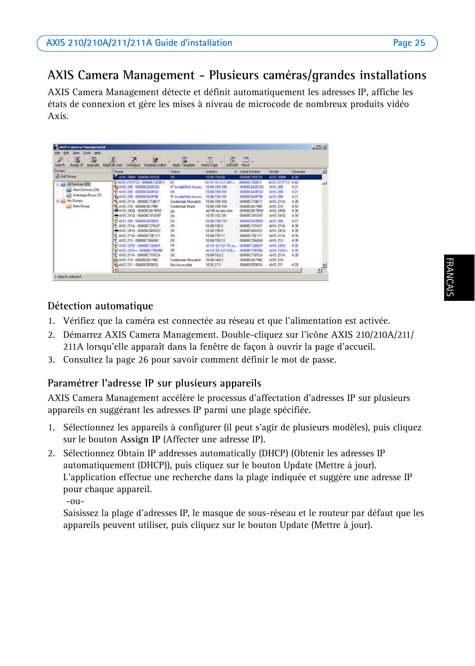 Détection automatique, Paramétrer l'adresse ip sur plusieurs appareils | Axis Communications Axis 211 User Manual | Page 25 / 83