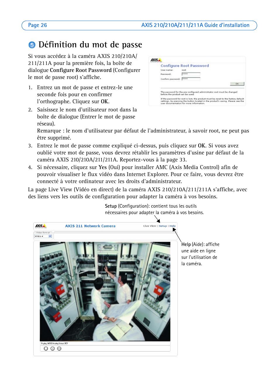 Définition du mot de passe | Axis Communications Axis 211 User Manual | Page 26 / 83