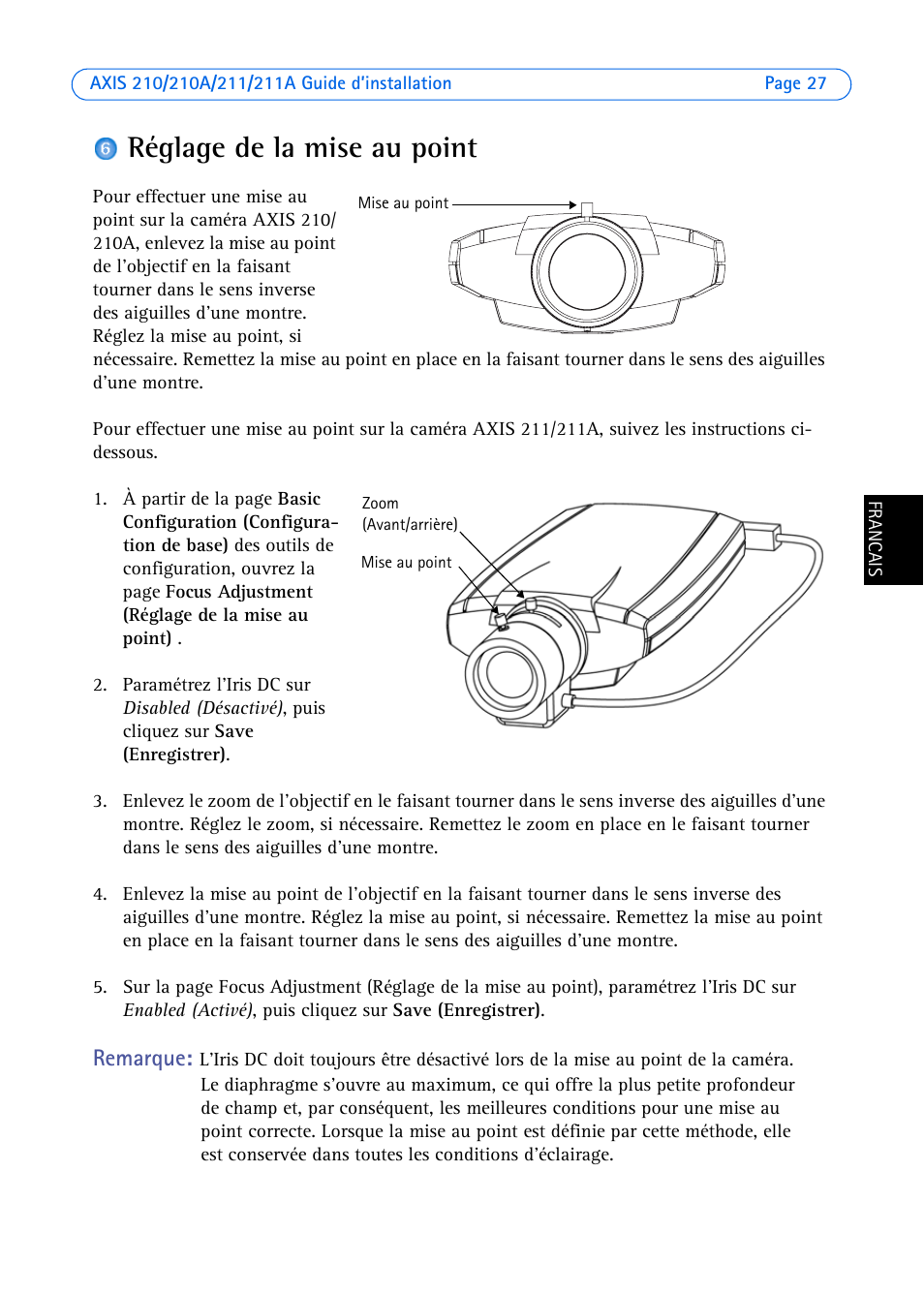 Réglage de la mise au point, Remarque | Axis Communications Axis 211 User Manual | Page 27 / 83
