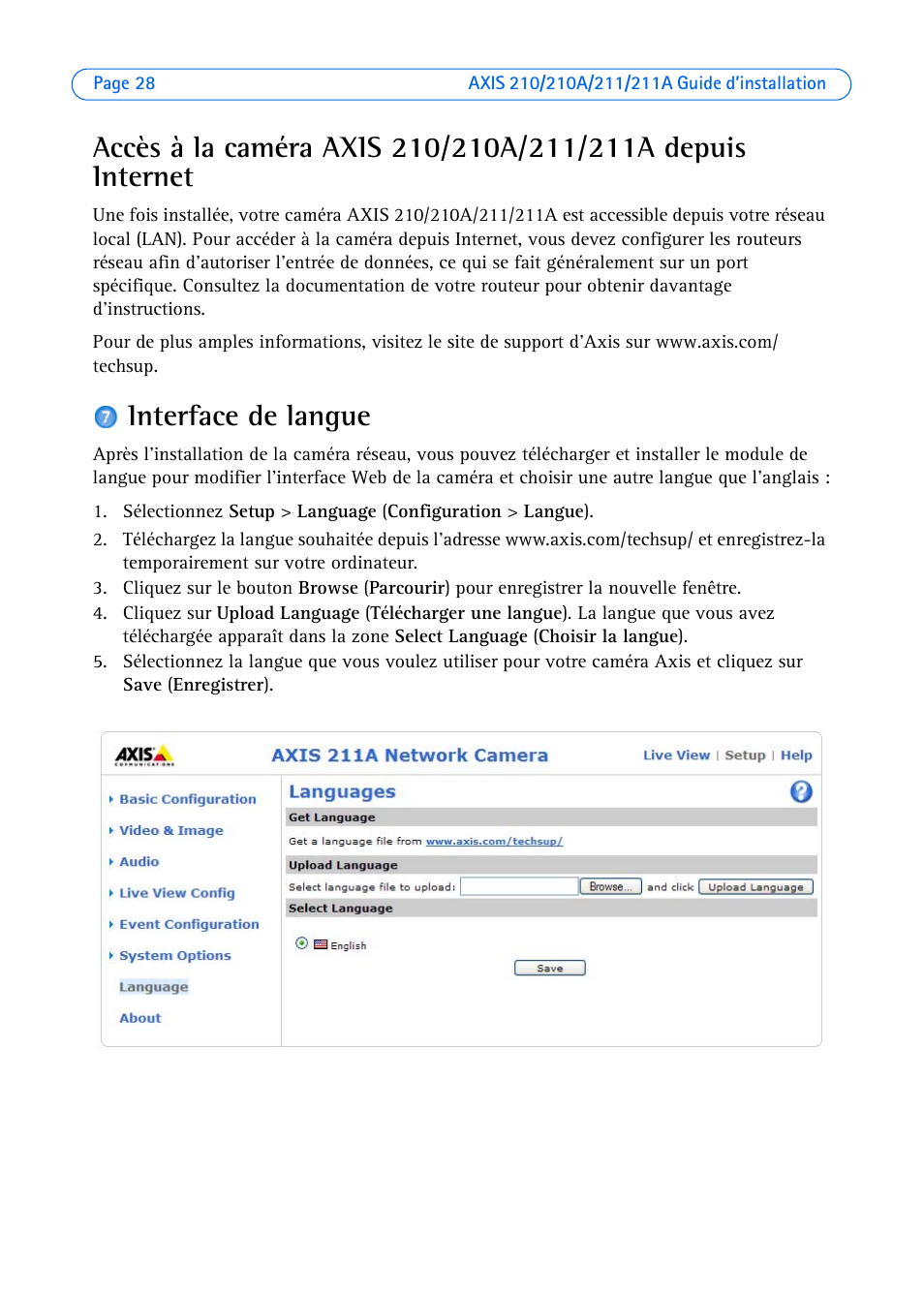 Interface de langue | Axis Communications Axis 211 User Manual | Page 28 / 83
