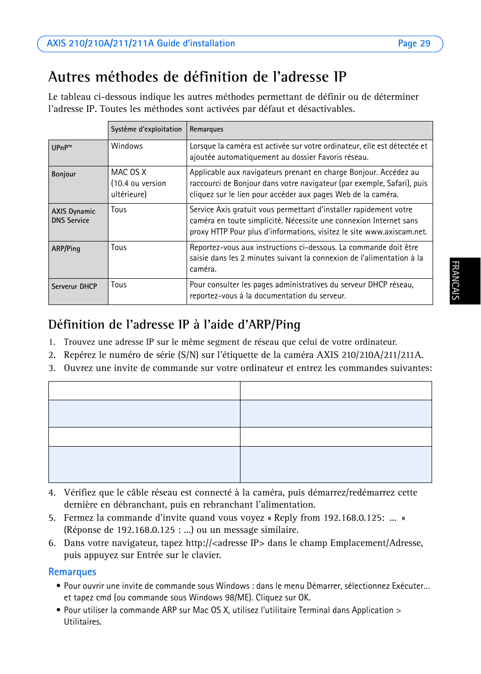 Autres méthodes de définition de l'adresse ip, Définition de l'adresse ip à l'aide d'arp/ping | Axis Communications Axis 211 User Manual | Page 29 / 83