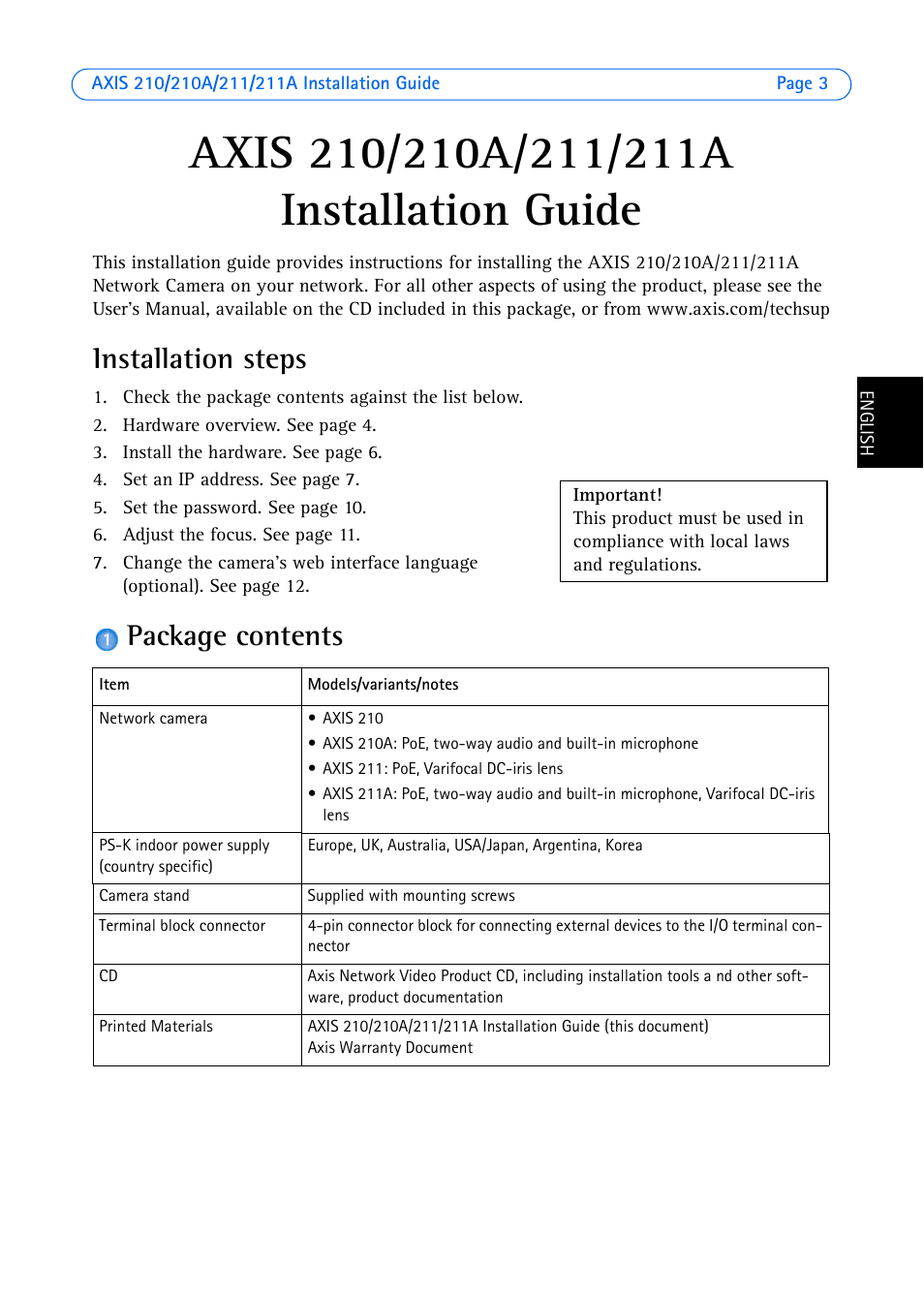 Axis 210/210a/211/211a installation guide, Installation steps, Package contents | Installation guide | Axis Communications Axis 211 User Manual | Page 3 / 83