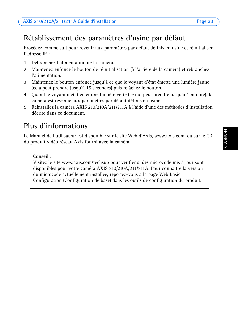 Rétablissement des paramètres d'usine par défaut, Plus d'informations | Axis Communications Axis 211 User Manual | Page 33 / 83