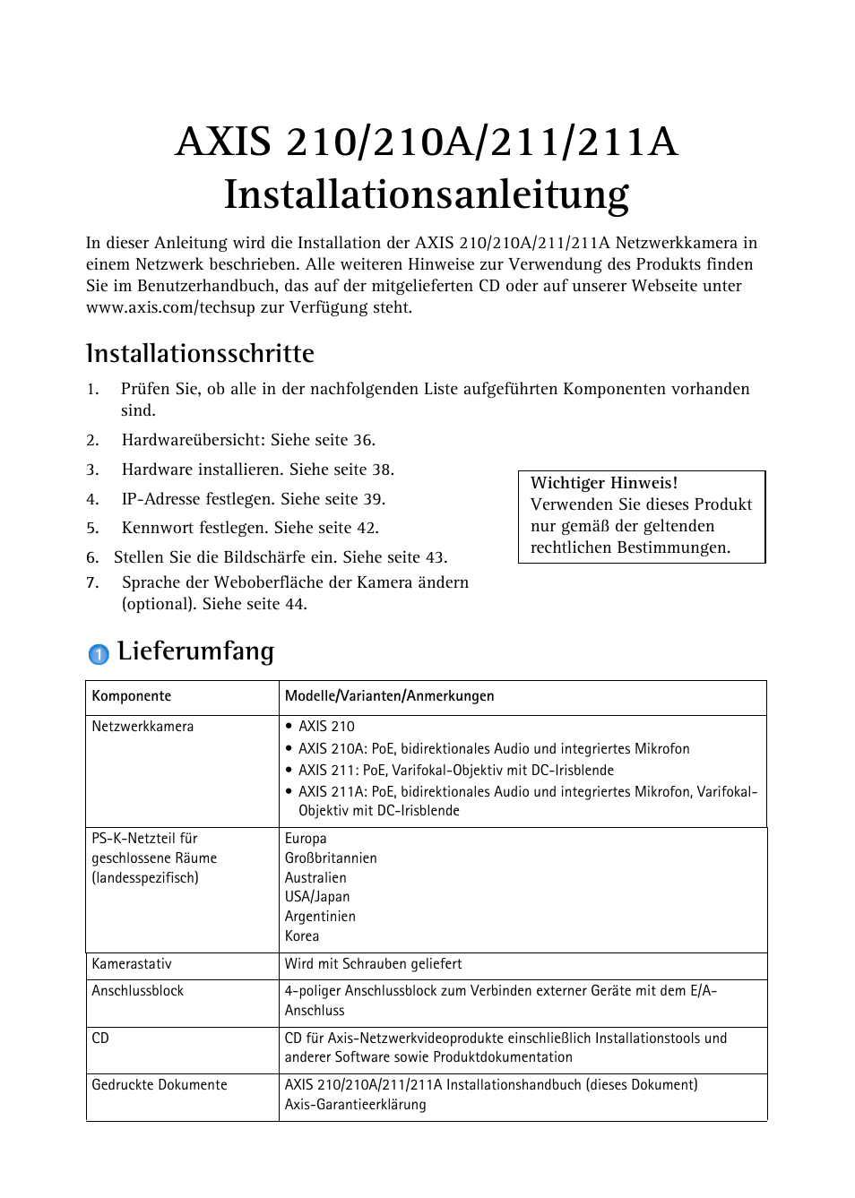 Axis 210/210a/211/211a installationsanleitung, Installationsschritte, Lieferumfang | Installationsanleitung | Axis Communications Axis 211 User Manual | Page 35 / 83