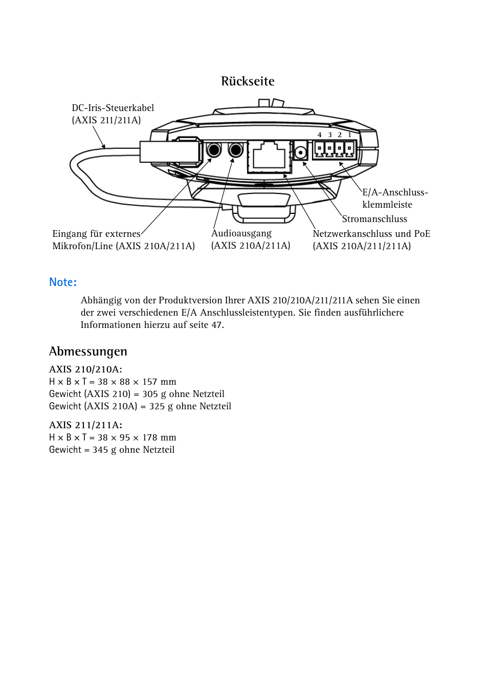 Abmessungen, Rückseite | Axis Communications Axis 211 User Manual | Page 37 / 83
