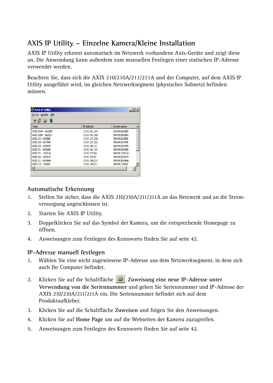 Automatische erkennung, Ip-adresse manuell festlegen | Axis Communications Axis 211 User Manual | Page 40 / 83