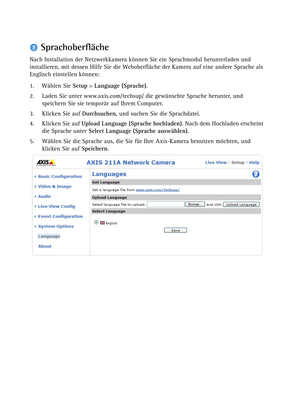 Sprachoberfläche, Seite 44 | Axis Communications Axis 211 User Manual | Page 44 / 83