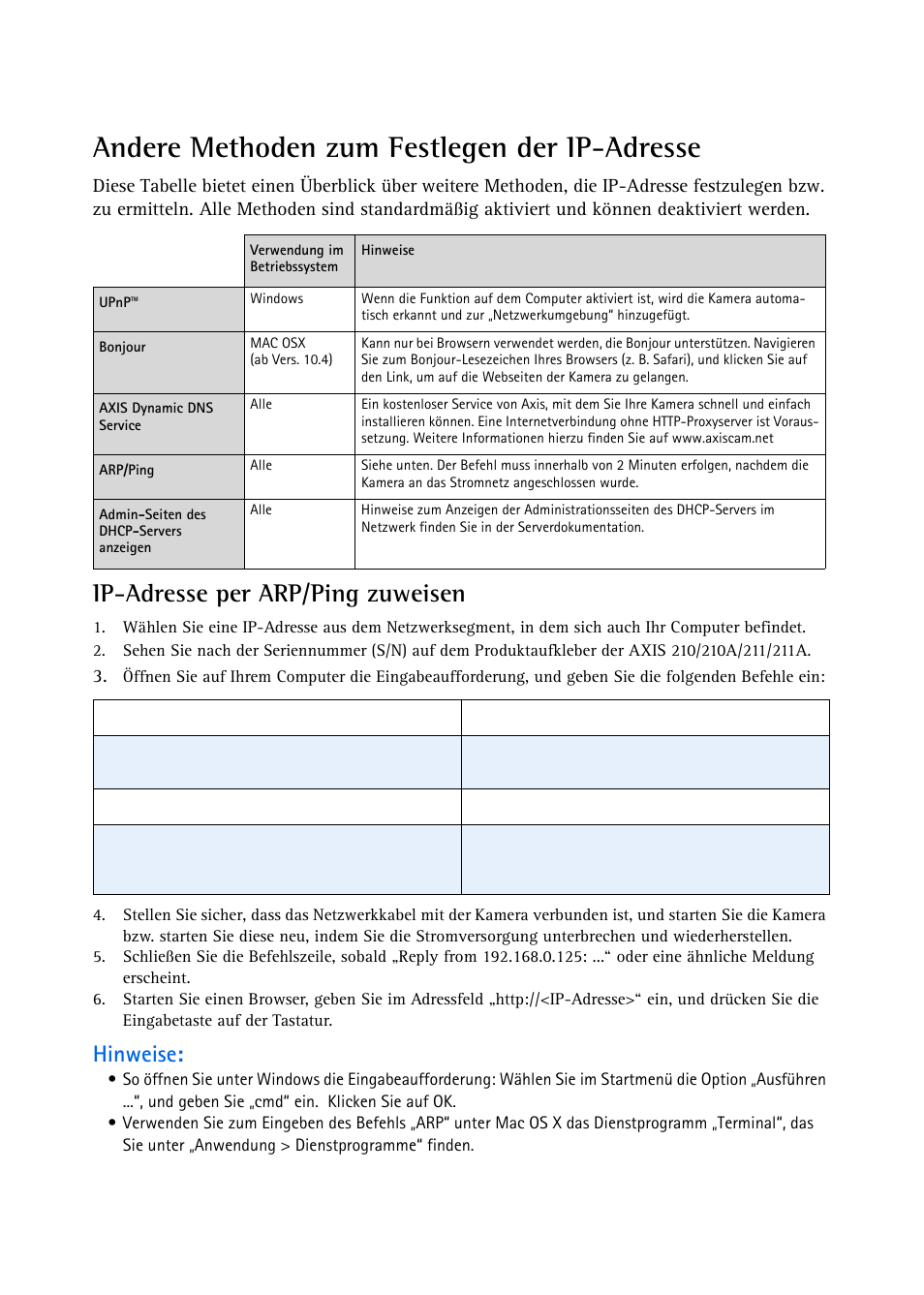 Andere methoden zum festlegen der ip-adresse, Ip-adresse per arp/ping zuweisen, Hinweise | Axis Communications Axis 211 User Manual | Page 45 / 83