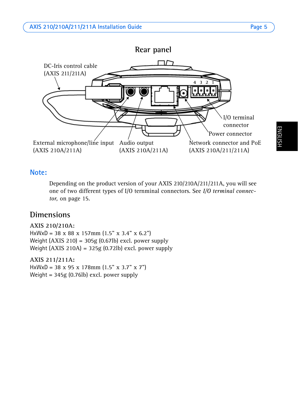 Dimensions, Rear panel | Axis Communications Axis 211 User Manual | Page 5 / 83
