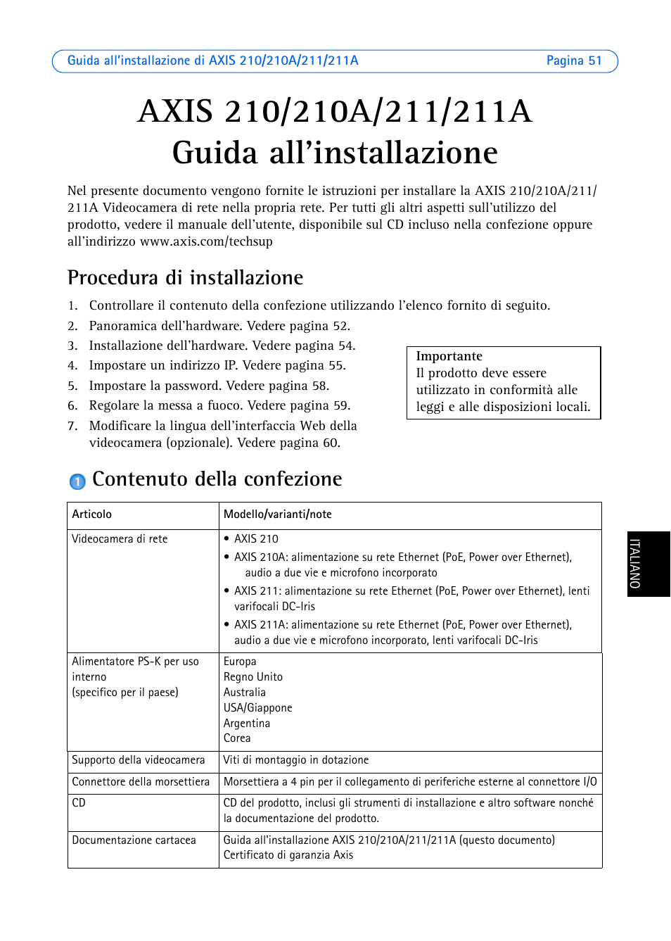 Axis 210/210a/211/211a guida all'installazione, Procedura di installazione, Contenuto della confezione | Guida all'installazione | Axis Communications Axis 211 User Manual | Page 51 / 83