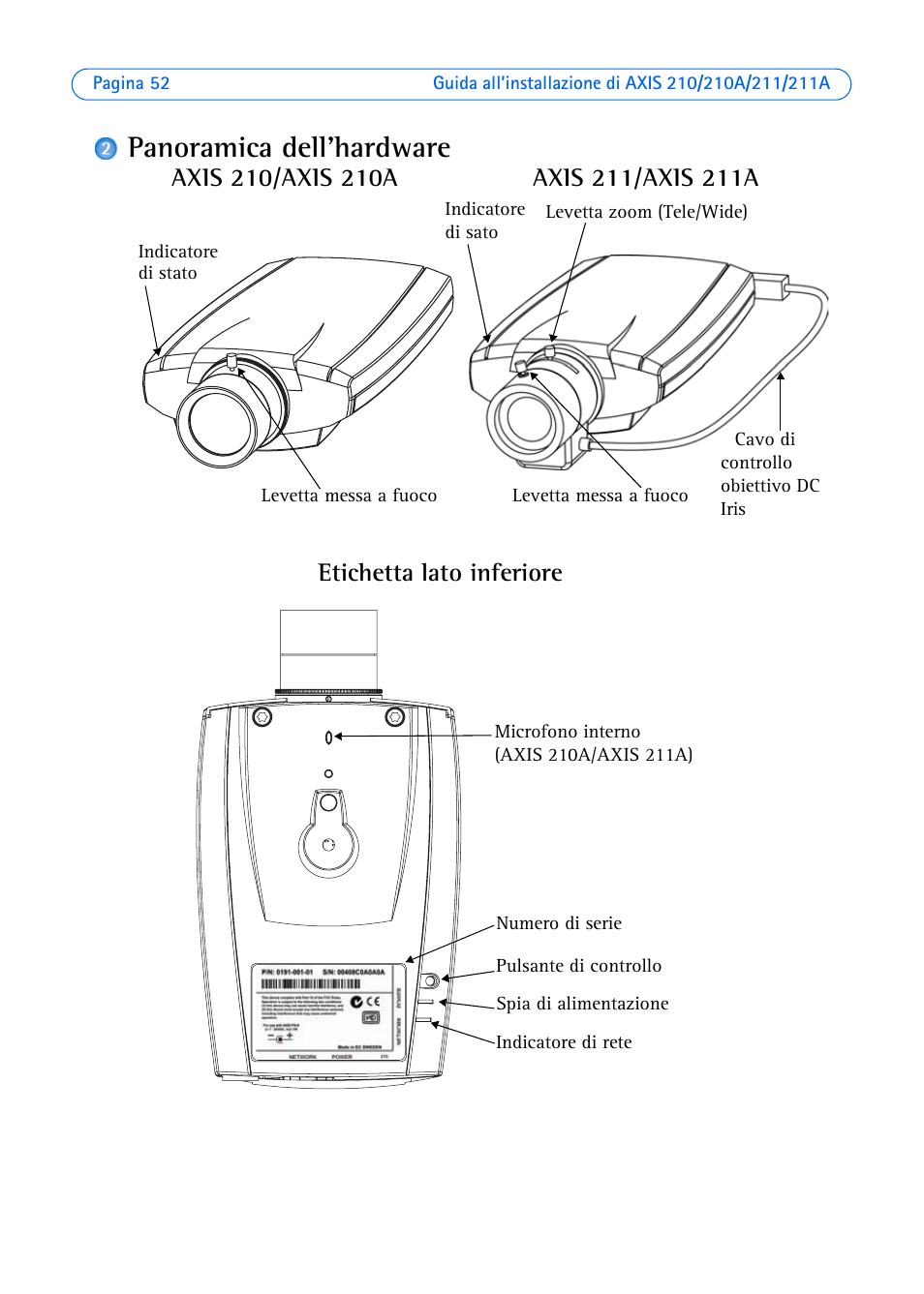 Panoramica dell’hardware, Etichetta lato inferiore | Axis Communications Axis 211 User Manual | Page 52 / 83