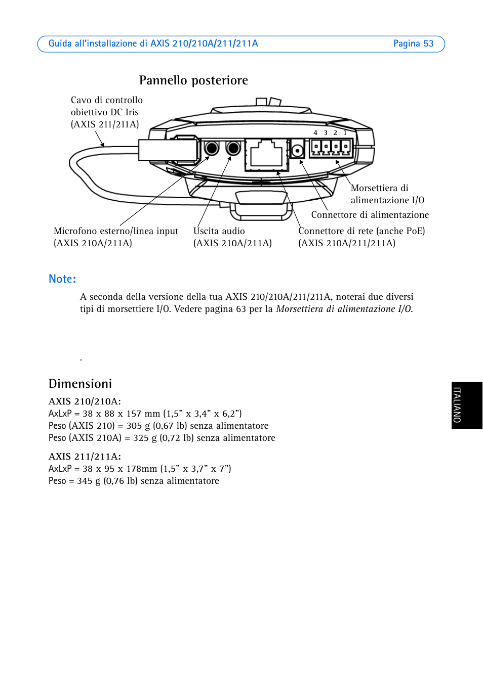 Dimensioni, Pannello posteriore | Axis Communications Axis 211 User Manual | Page 53 / 83