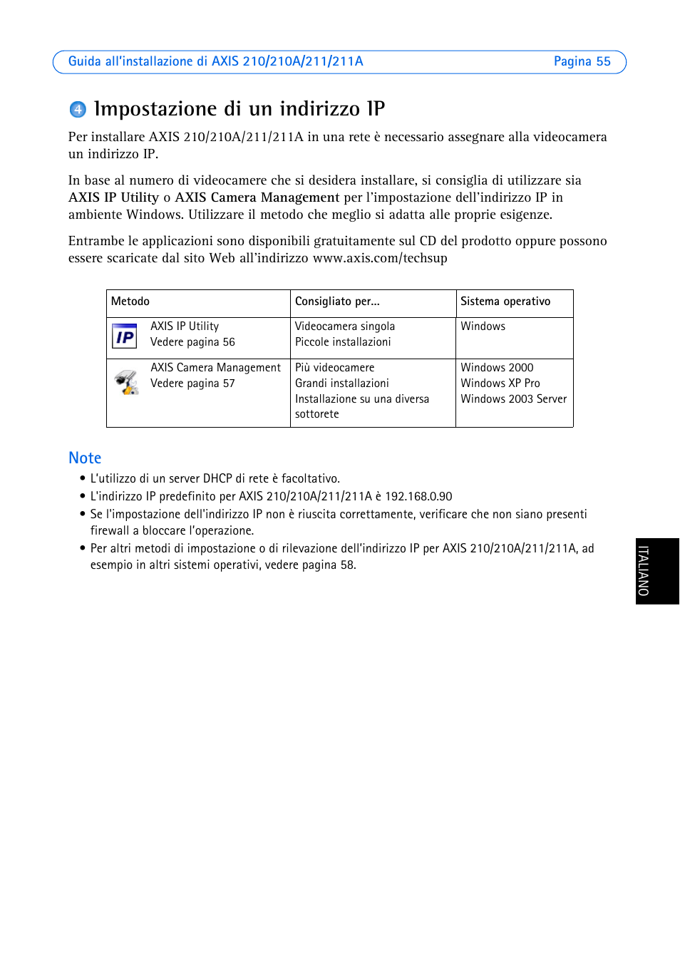 Impostazione di un indirizzo ip | Axis Communications Axis 211 User Manual | Page 55 / 83