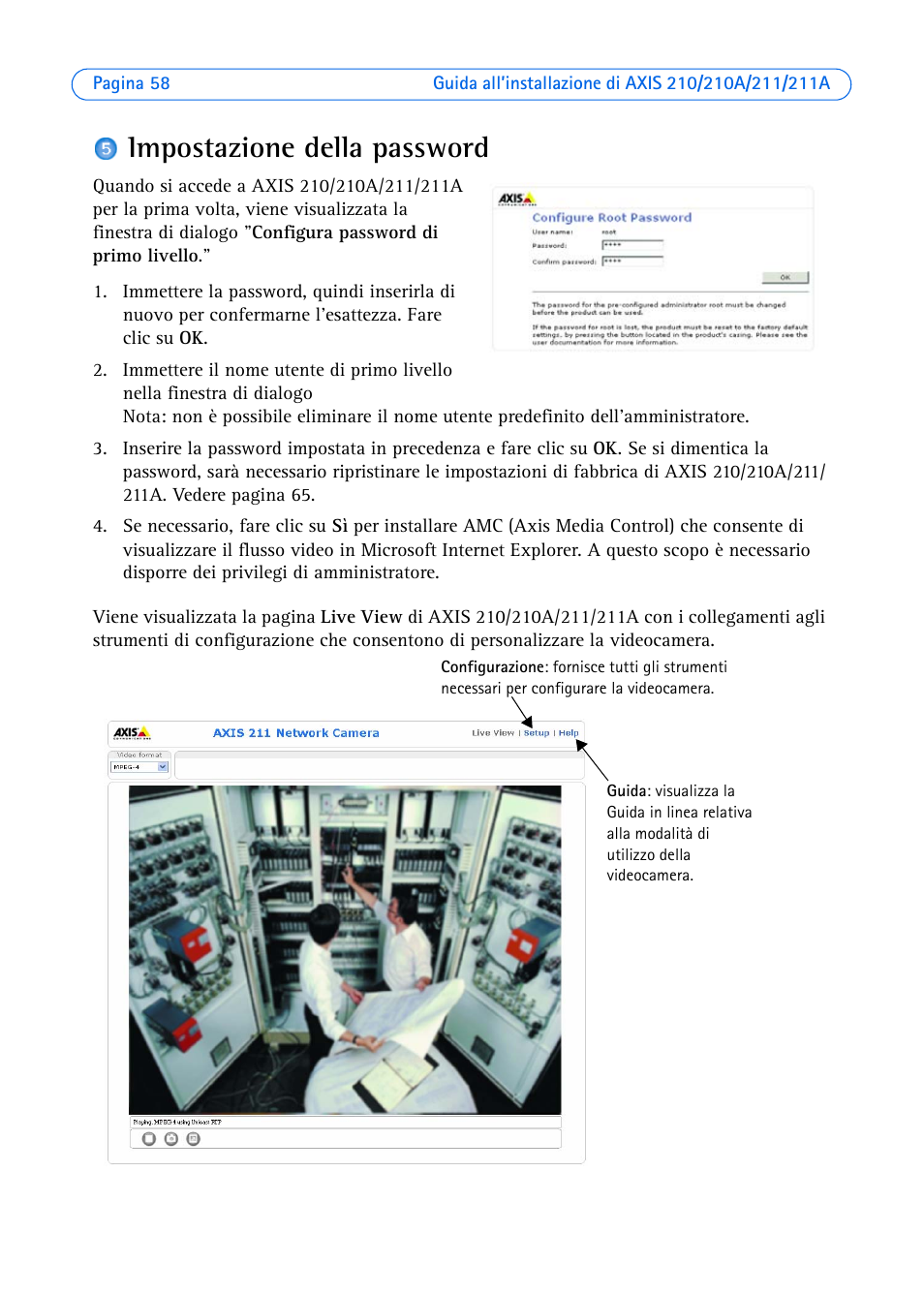 Impostazione della password | Axis Communications Axis 211 User Manual | Page 58 / 83