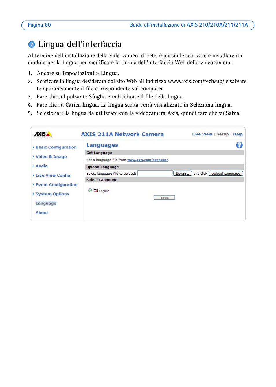 Lingua dell'interfaccia | Axis Communications Axis 211 User Manual | Page 60 / 83