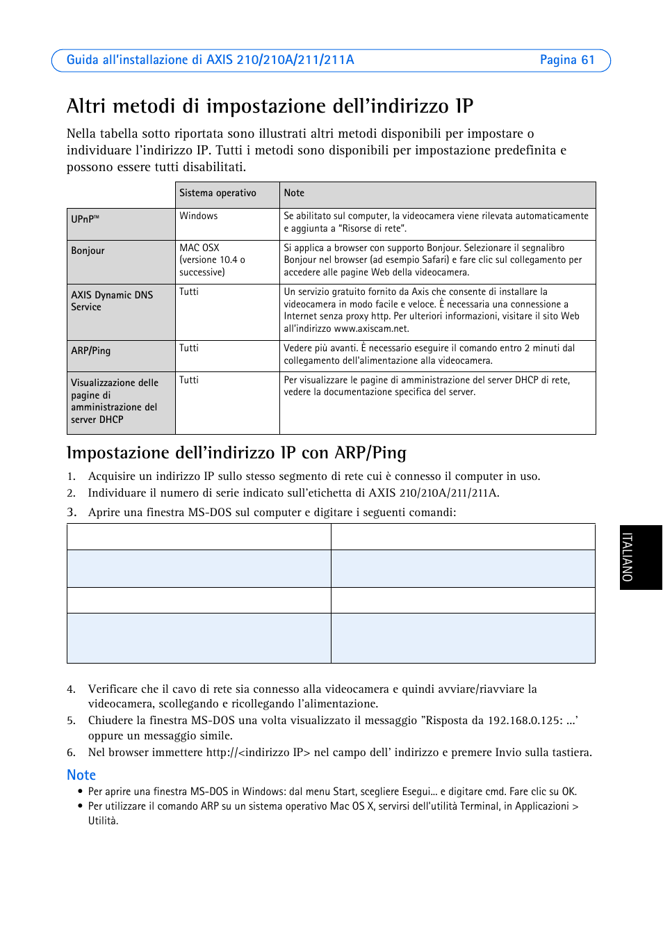 Altri metodi di impostazione dell’indirizzo ip, Impostazione dell'indirizzo ip con arp/ping | Axis Communications Axis 211 User Manual | Page 61 / 83