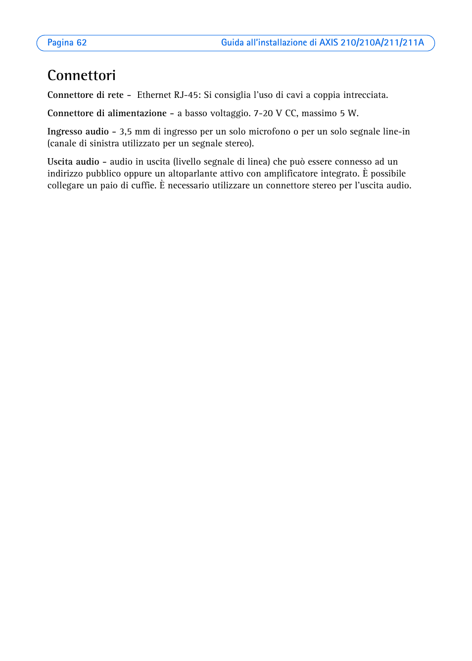 Connettori | Axis Communications Axis 211 User Manual | Page 62 / 83