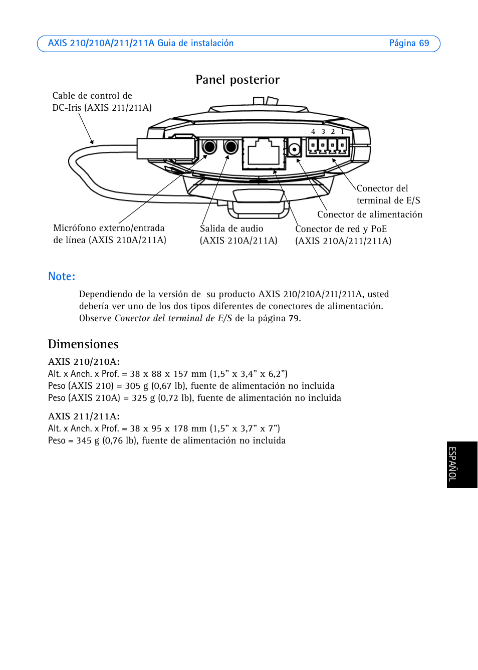 Dimensiones, Panel posterior | Axis Communications Axis 211 User Manual | Page 69 / 83