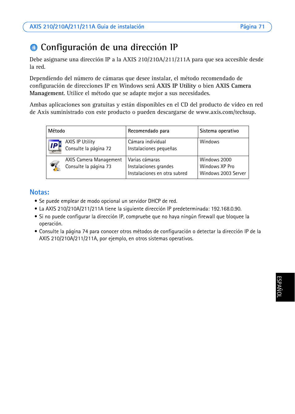 Configuración de una dirección ip, Notas | Axis Communications Axis 211 User Manual | Page 71 / 83