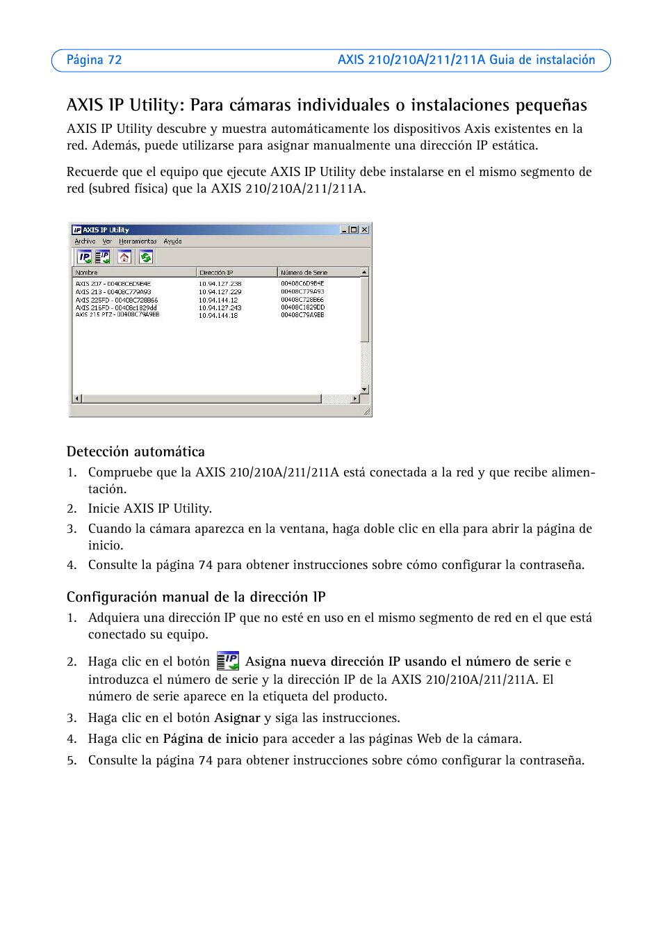 Detección automática, Configuración manual de la dirección ip | Axis Communications Axis 211 User Manual | Page 72 / 83