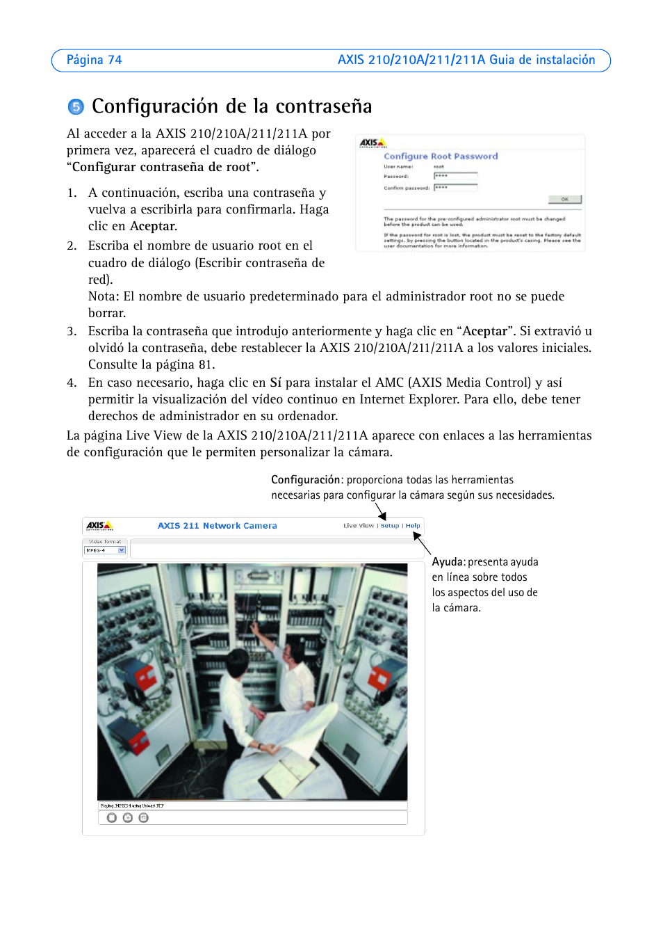 Configuración de la contraseña | Axis Communications Axis 211 User Manual | Page 74 / 83