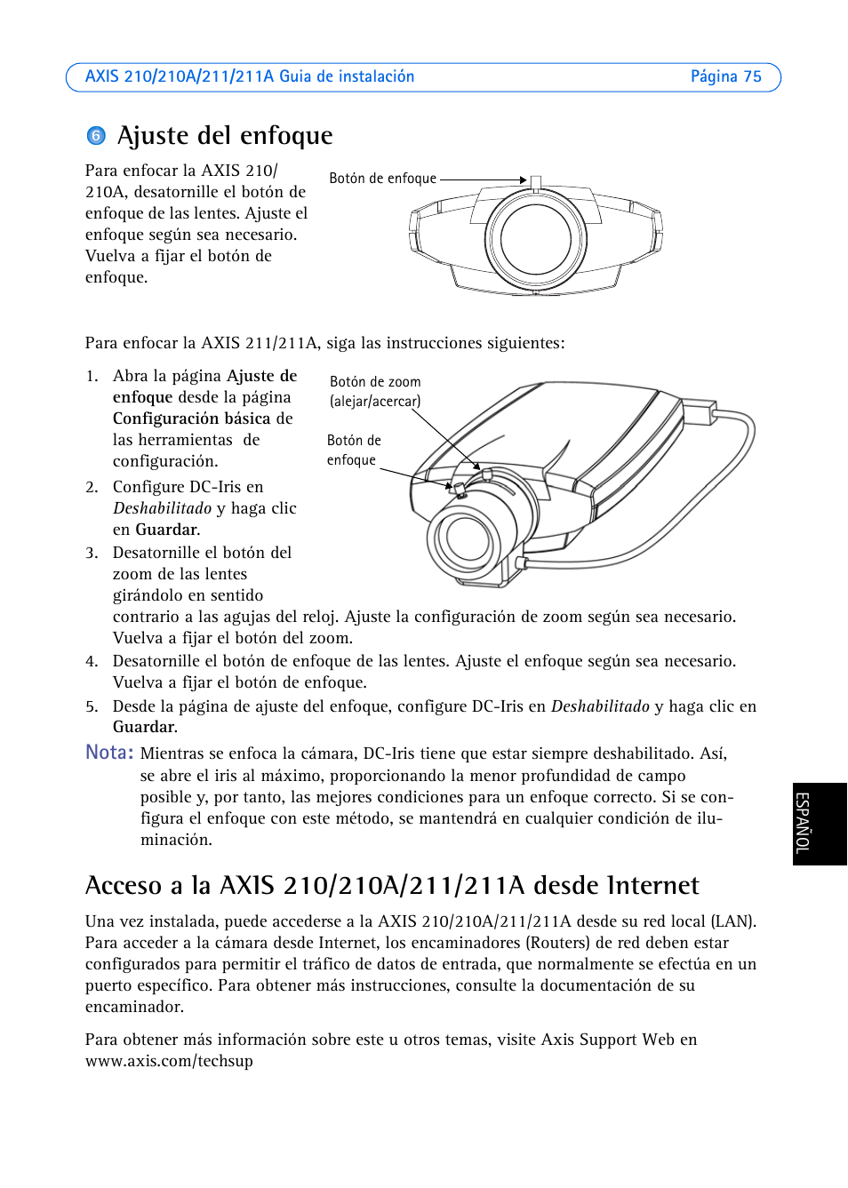 Ajuste del enfoque, Acceso a la axis 210/210a/211/211a desde internet | Axis Communications Axis 211 User Manual | Page 75 / 83