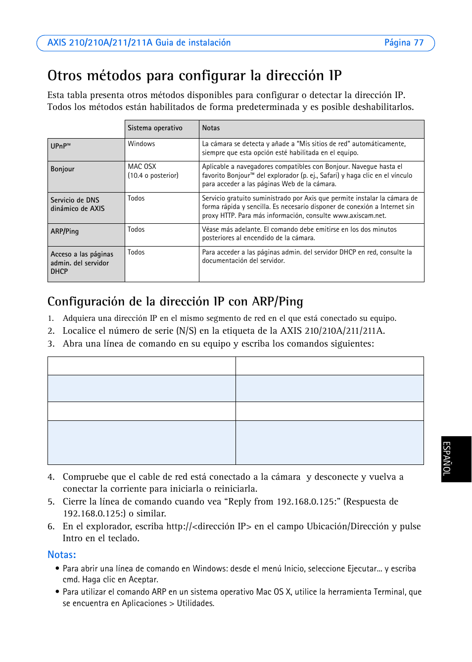 Otros métodos para configurar la dirección ip, Configuración de la dirección ip con arp/ping, Notas | Axis Communications Axis 211 User Manual | Page 77 / 83