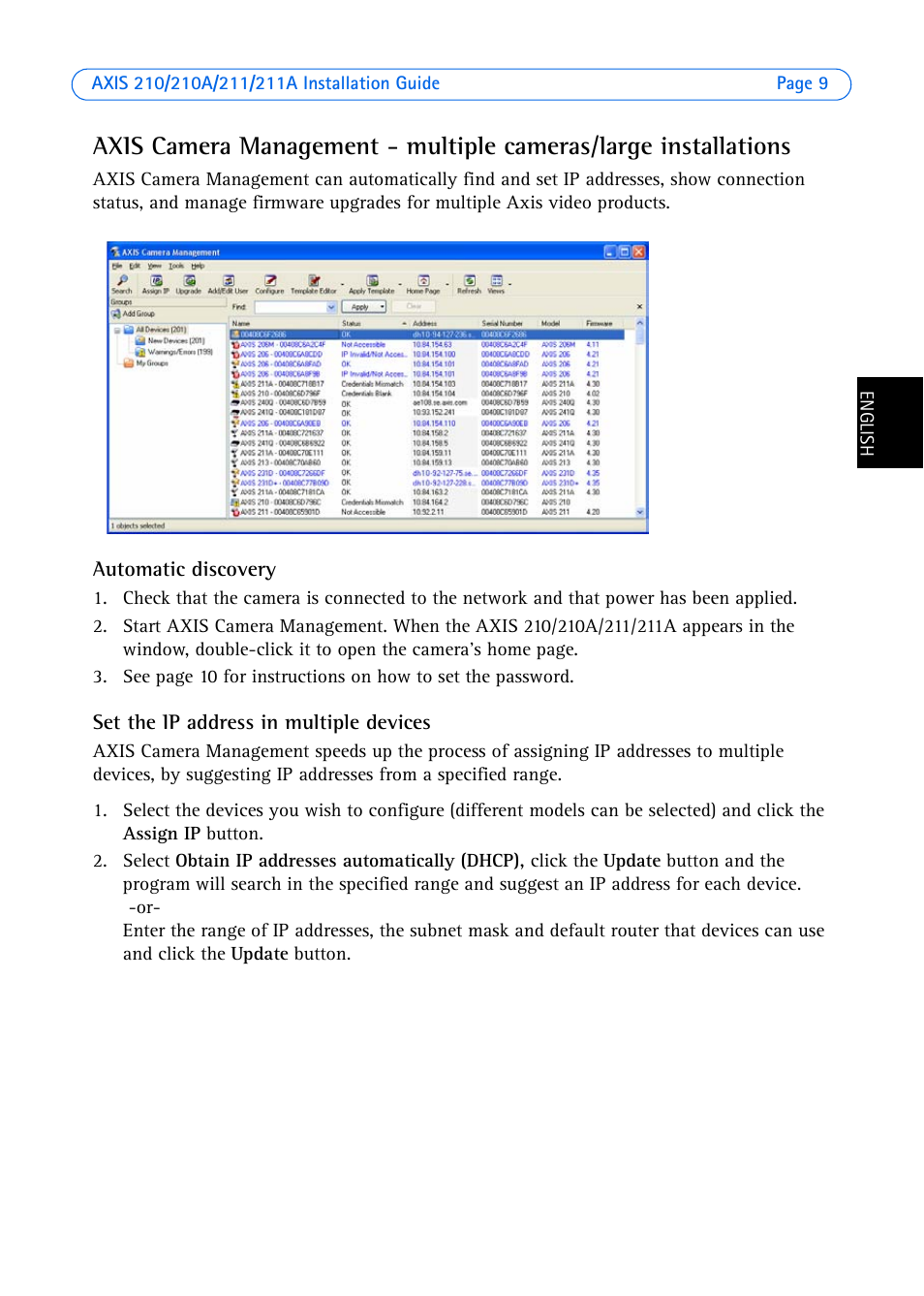 Automatic discovery, Set the ip address in multiple devices | Axis Communications Axis 211 User Manual | Page 9 / 83