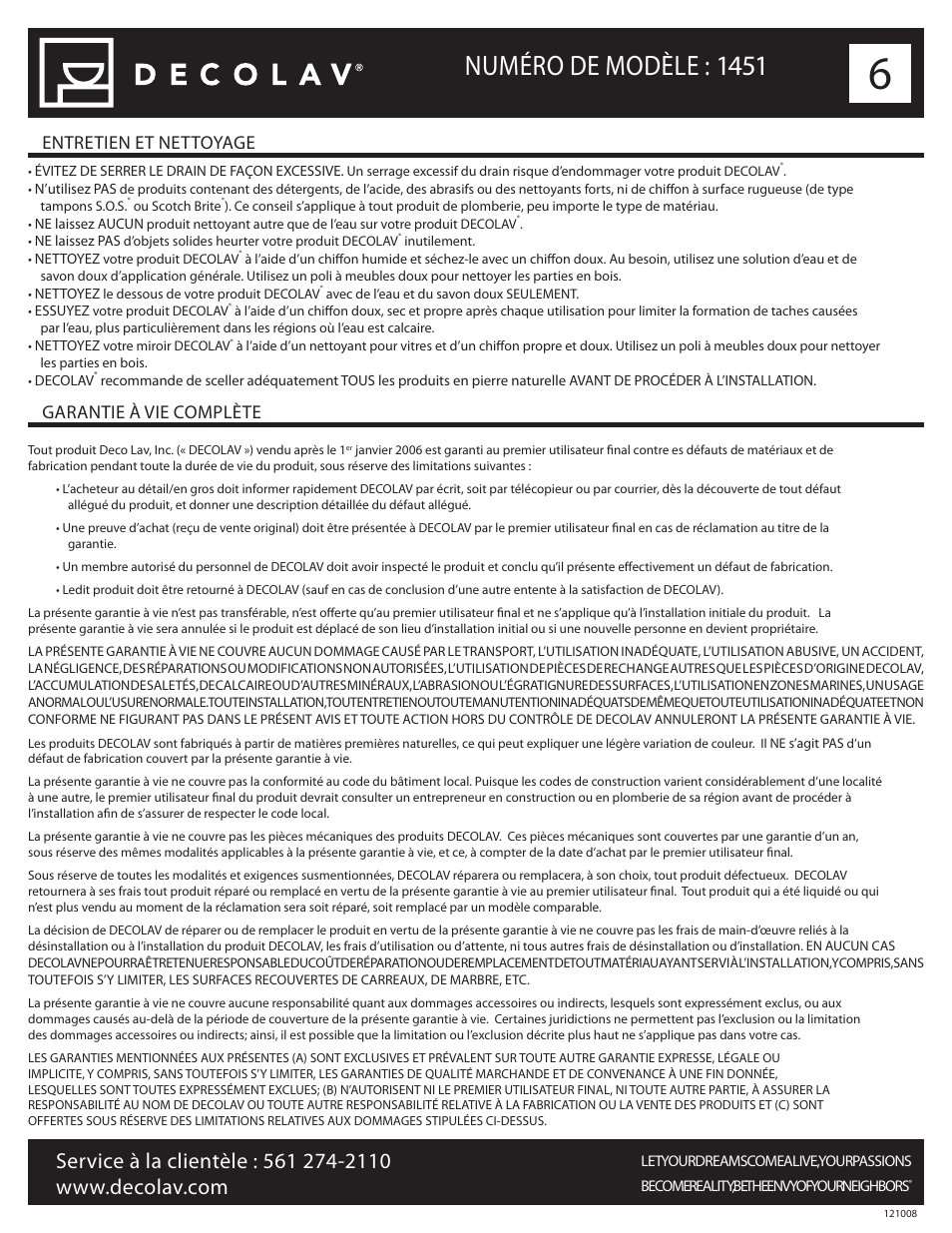 Numéro de modèle : 1451, Entretien et nettoyage garantie à vie complète | Decolav 1451 User Manual | Page 12 / 18