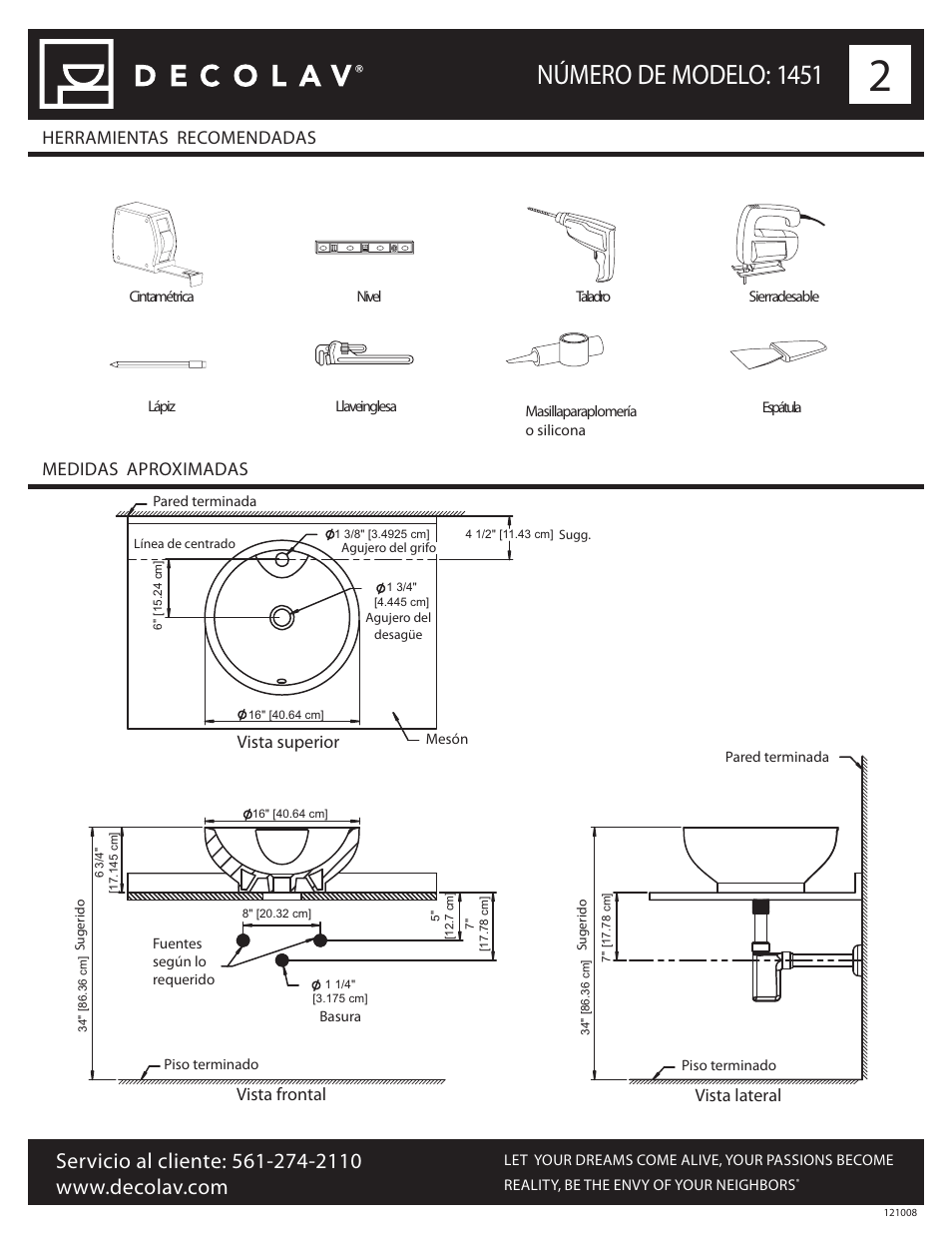 Número de modelo: 1451, Herramientas recomendadas medidas aproximadas, Vista superior | Vista frontal, Vista lateral | Decolav 1451 User Manual | Page 14 / 18