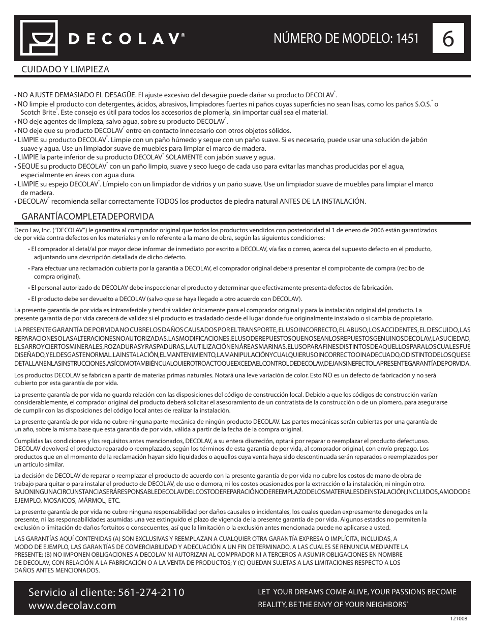 Número de modelo: 1451, Cuidado y limpieza garantía completa de por vida | Decolav 1451 User Manual | Page 18 / 18