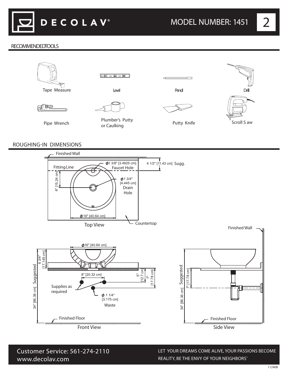 Model number: 1451, Recommended tools roughing-in dimensions | Decolav 1451 User Manual | Page 2 / 18