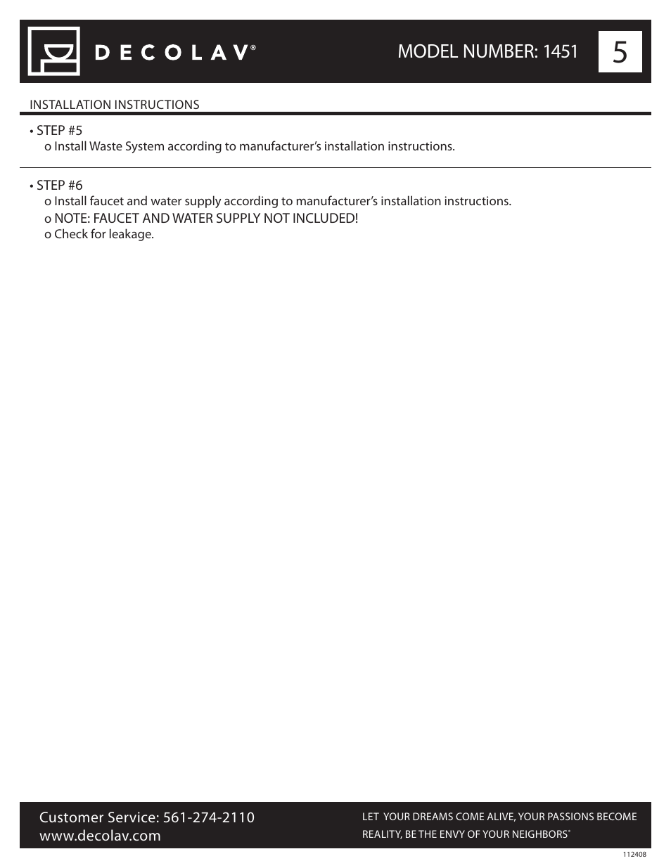 Model number: 1451 | Decolav 1451 User Manual | Page 5 / 18