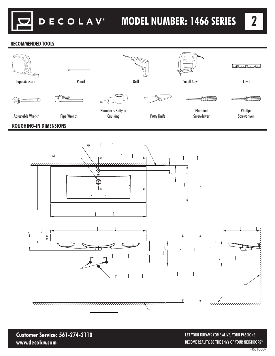 Model number: 1466 series, Recommended tools roughing-in dimensions | Decolav 1466 User Manual | Page 2 / 4