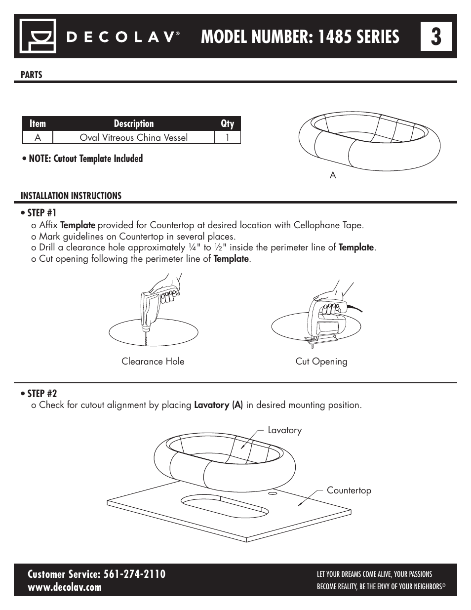 Model number: 1485 series | Decolav 1485 User Manual | Page 3 / 6