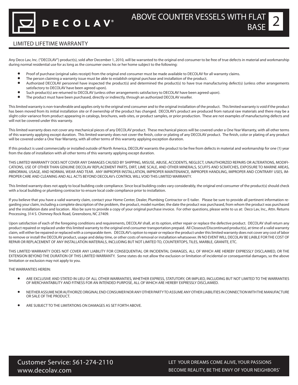 Above counter vessels with flat base | Decolav 2806 User Manual | Page 2 / 2