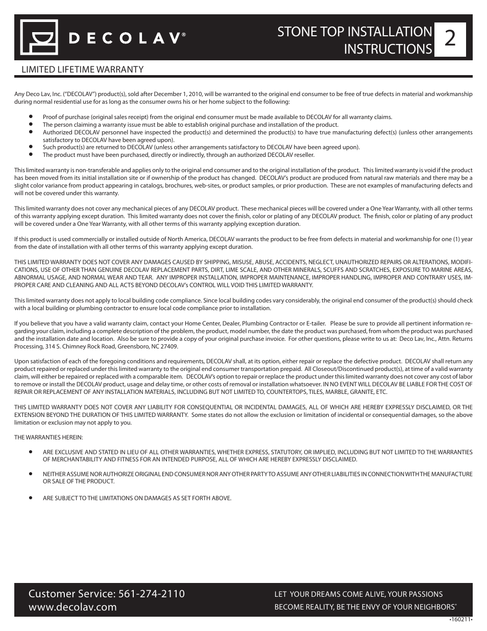 Stone top installation instructions | Decolav 1681 User Manual | Page 2 / 2