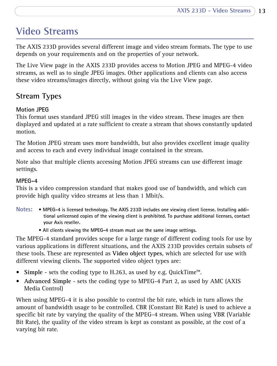 Video streams, Stream types | Axis Communications AXIS 233D User Manual | Page 13 / 69