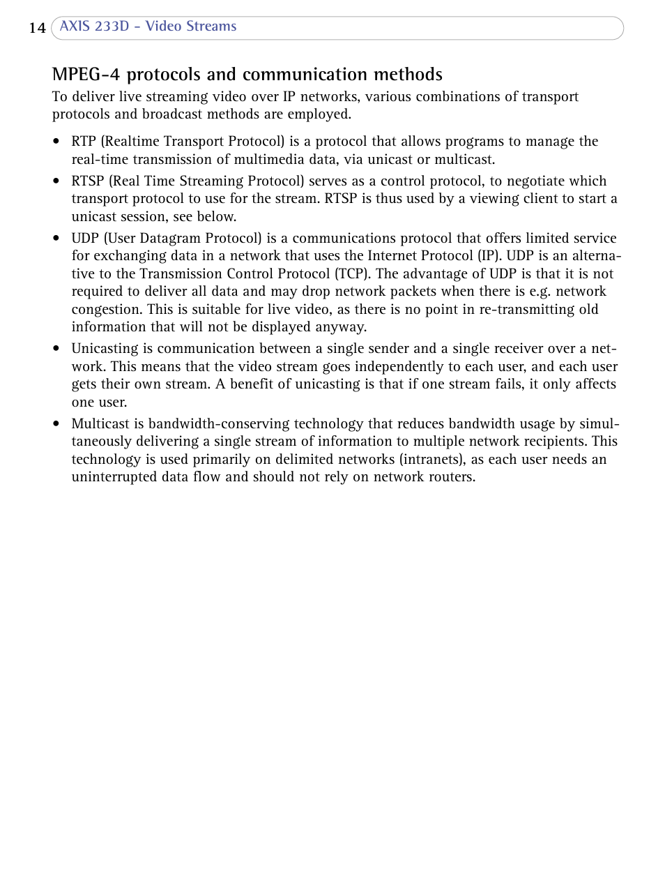 Mpeg-4 protocols and communication methods | Axis Communications AXIS 233D User Manual | Page 14 / 69