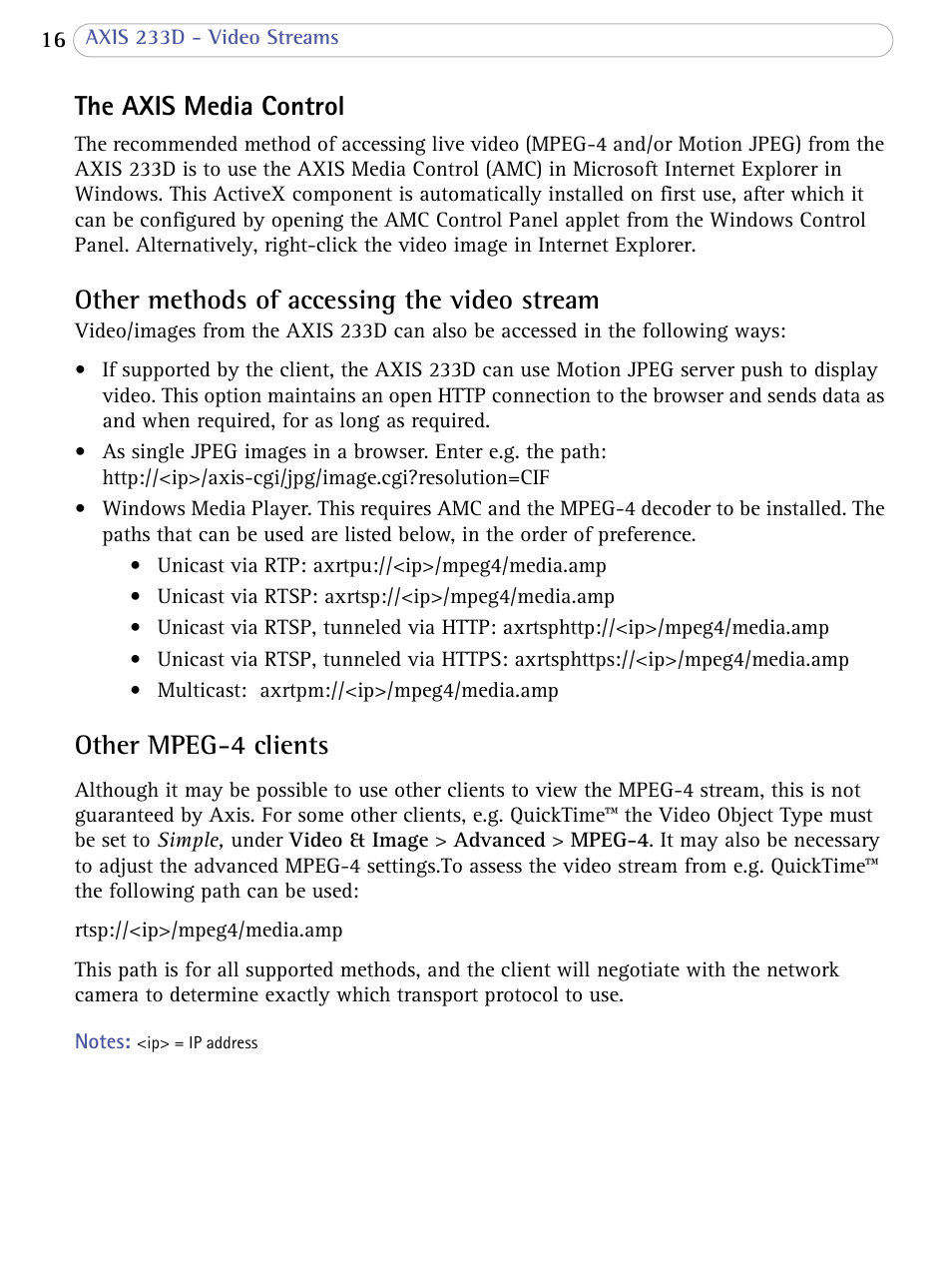 Other methods of accessing the video stream, Other mpeg-4 clients, The axis media control | Axis Communications AXIS 233D User Manual | Page 16 / 69