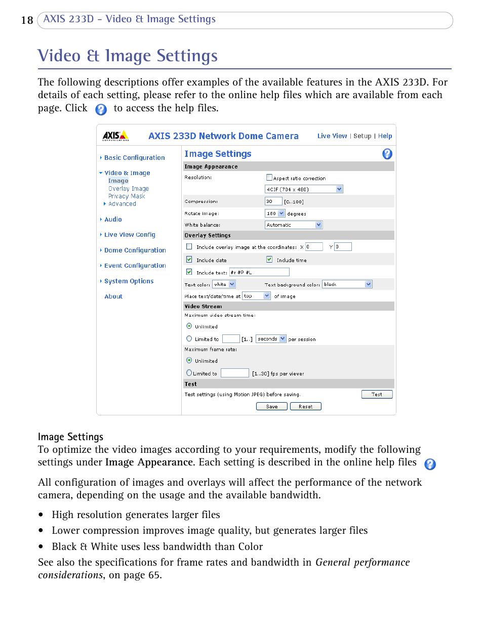 Video & image settings | Axis Communications AXIS 233D User Manual | Page 18 / 69