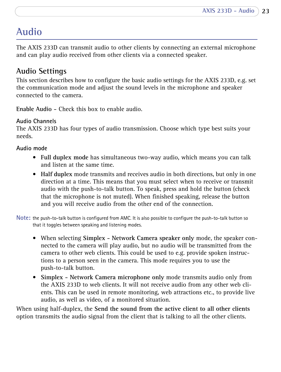 Audio, Audio settings | Axis Communications AXIS 233D User Manual | Page 23 / 69