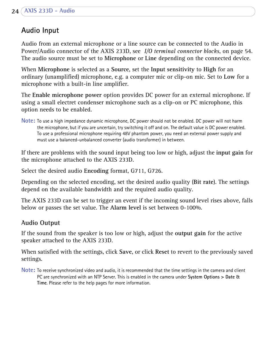 Audio input | Axis Communications AXIS 233D User Manual | Page 24 / 69