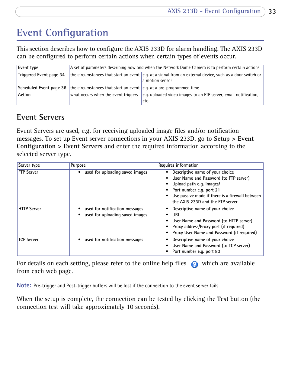 Event configuration, Event servers | Axis Communications AXIS 233D User Manual | Page 33 / 69