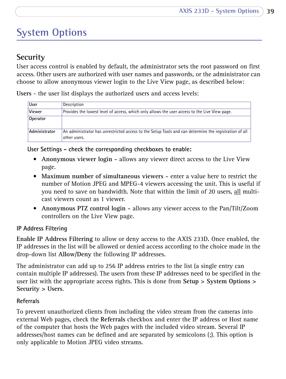 System options, Security | Axis Communications AXIS 233D User Manual | Page 39 / 69