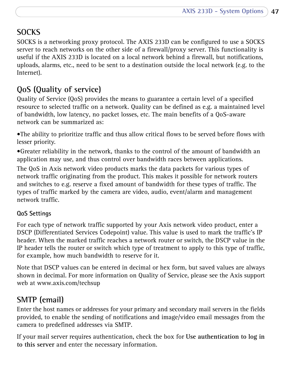 Socks, Qos (quality of service), Smtp (email) | Socks qos (quality of service) smtp (email) | Axis Communications AXIS 233D User Manual | Page 47 / 69