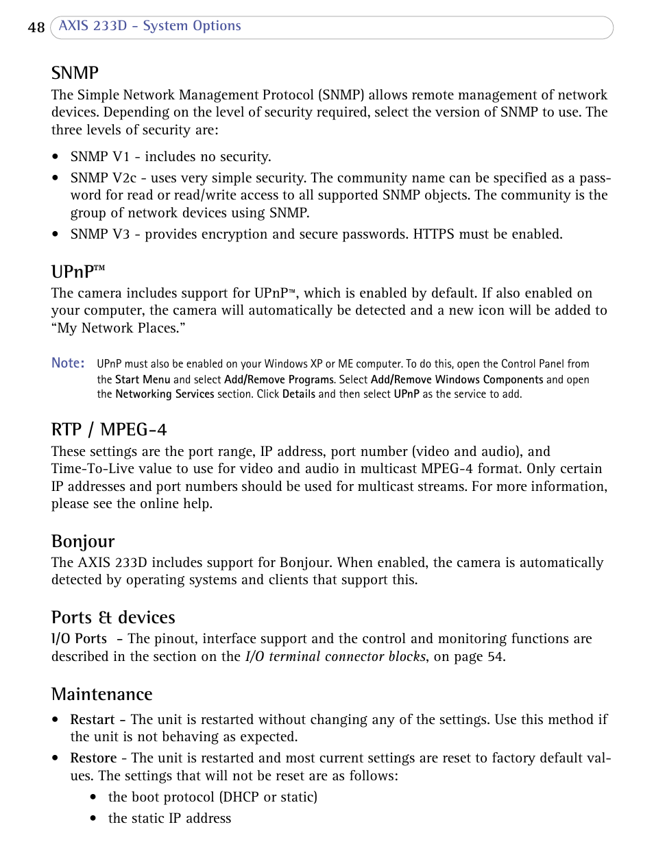 Snmp, Upnp, Rtp / mpeg-4 | Bonjour, Ports & devices, Maintenance | Axis Communications AXIS 233D User Manual | Page 48 / 69