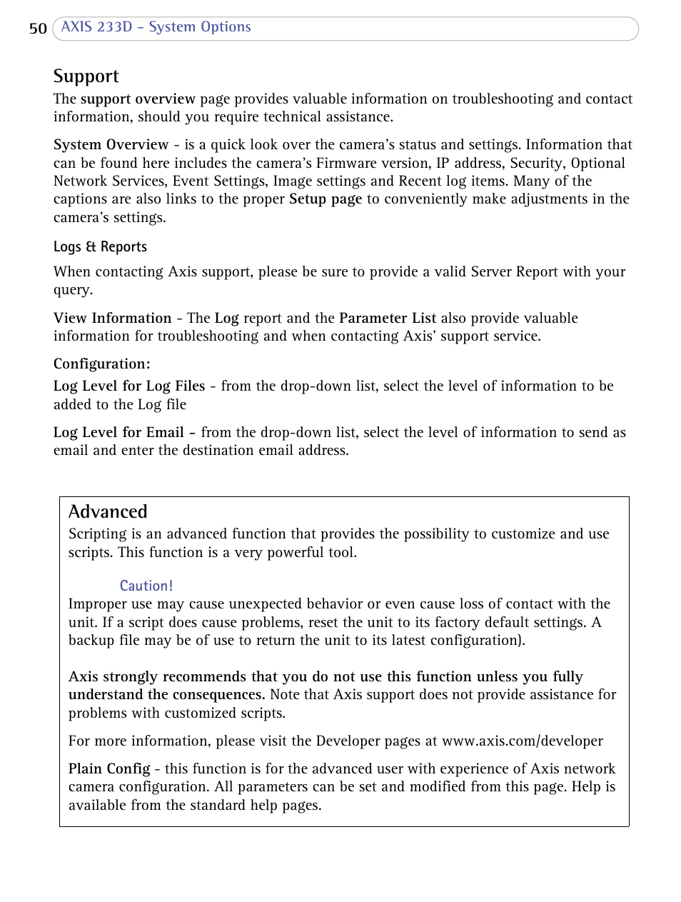 Support, Advanced, Support advanced | Axis Communications AXIS 233D User Manual | Page 50 / 69