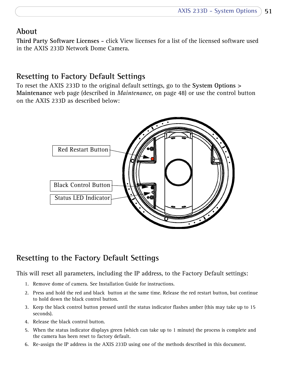 About, Resetting to factory default settings, About resetting to factory default settings | Resetting to the factory default settings | Axis Communications AXIS 233D User Manual | Page 51 / 69