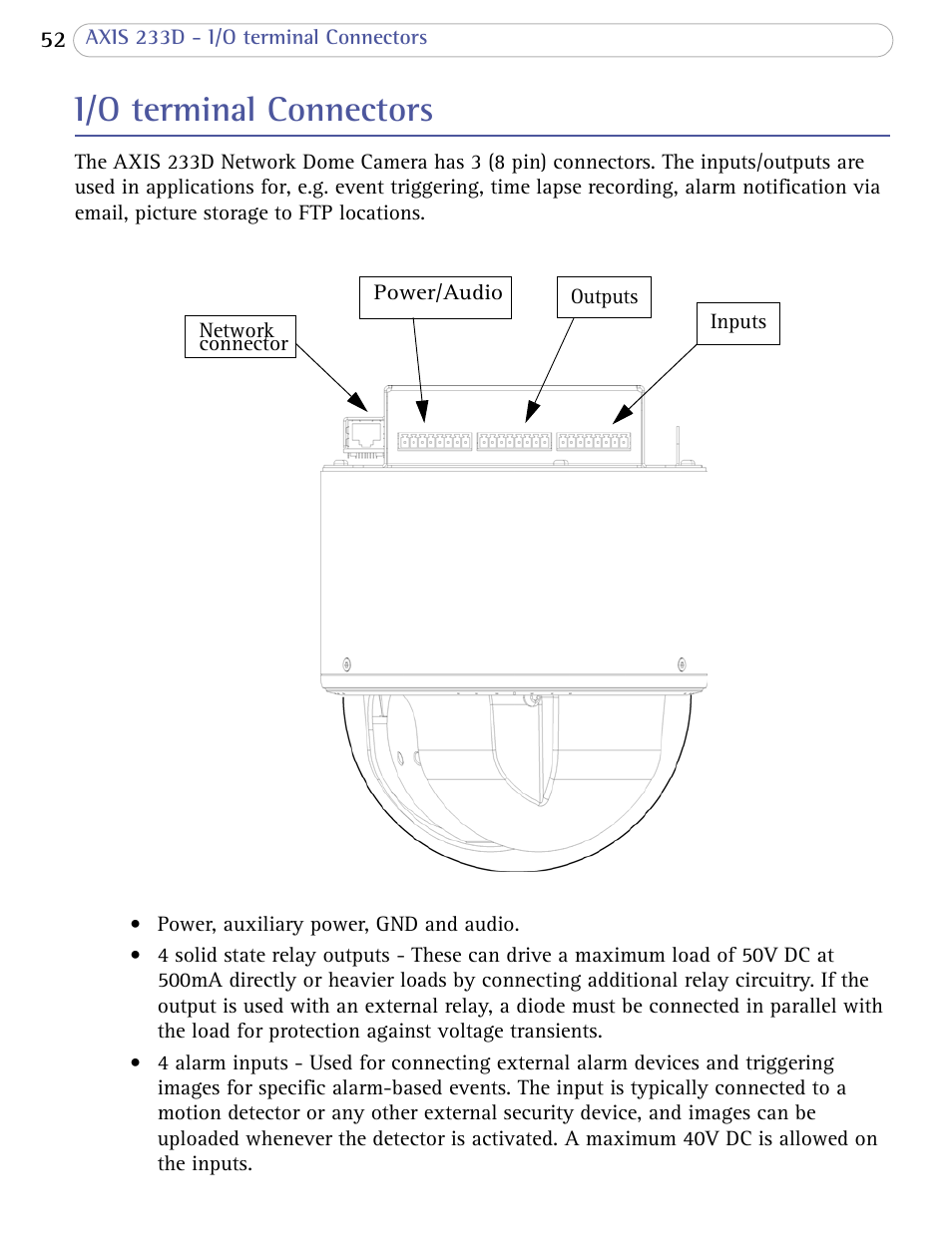 I/o terminal connectors | Axis Communications AXIS 233D User Manual | Page 52 / 69